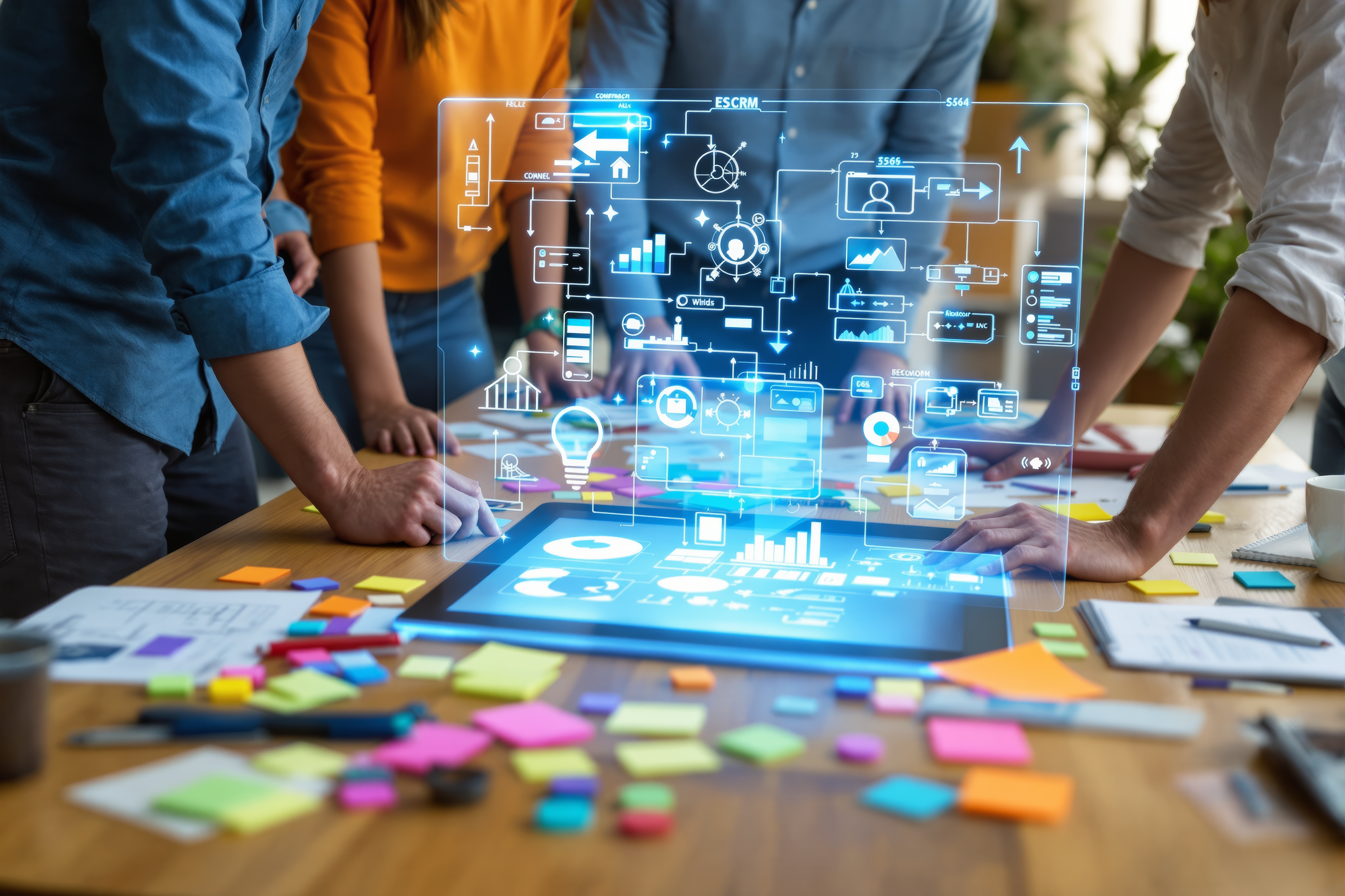 team collaborating on a digital project using a tablet with holographic interface