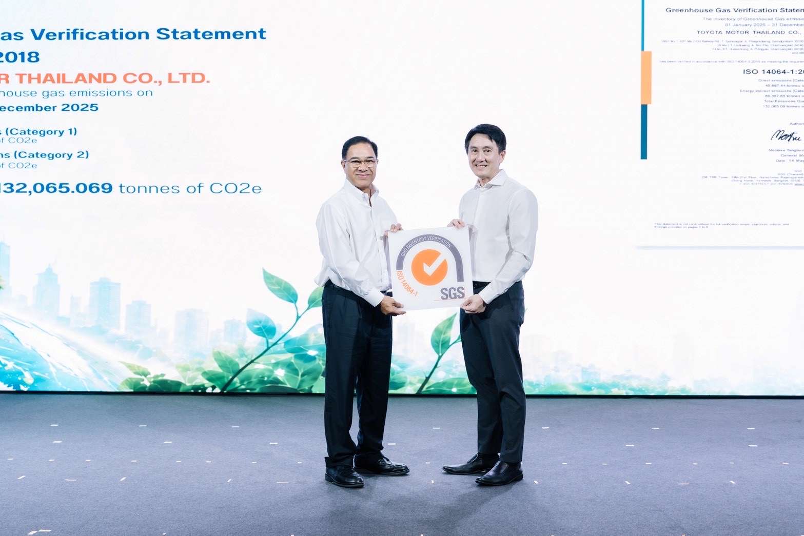 SGS presenting ISO 14064-1 certificate to Toyota Motor Thailand executive, reinforcing ESG commitment and sustainability