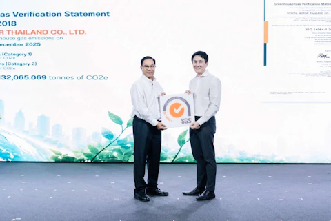 SGS presenting ISO 14064-1 certificate to Toyota Motor Thailand executive, reinforcing ESG commitment and sustainability