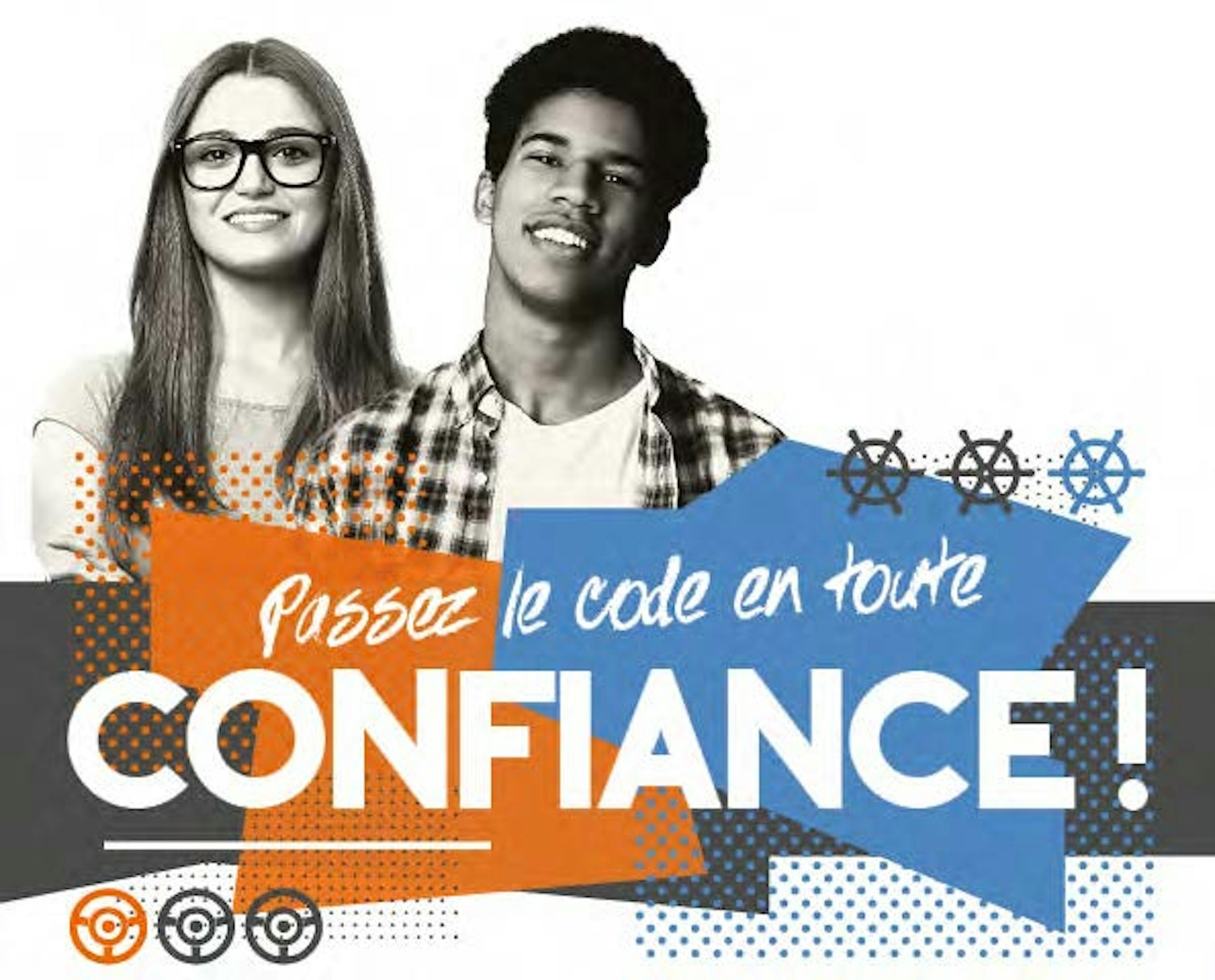 Affiche pour Objectif Code avec 2 jeunes et le phrase passez le code en toute confiance