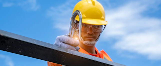 Construction Worker Connecting his Safety Harness