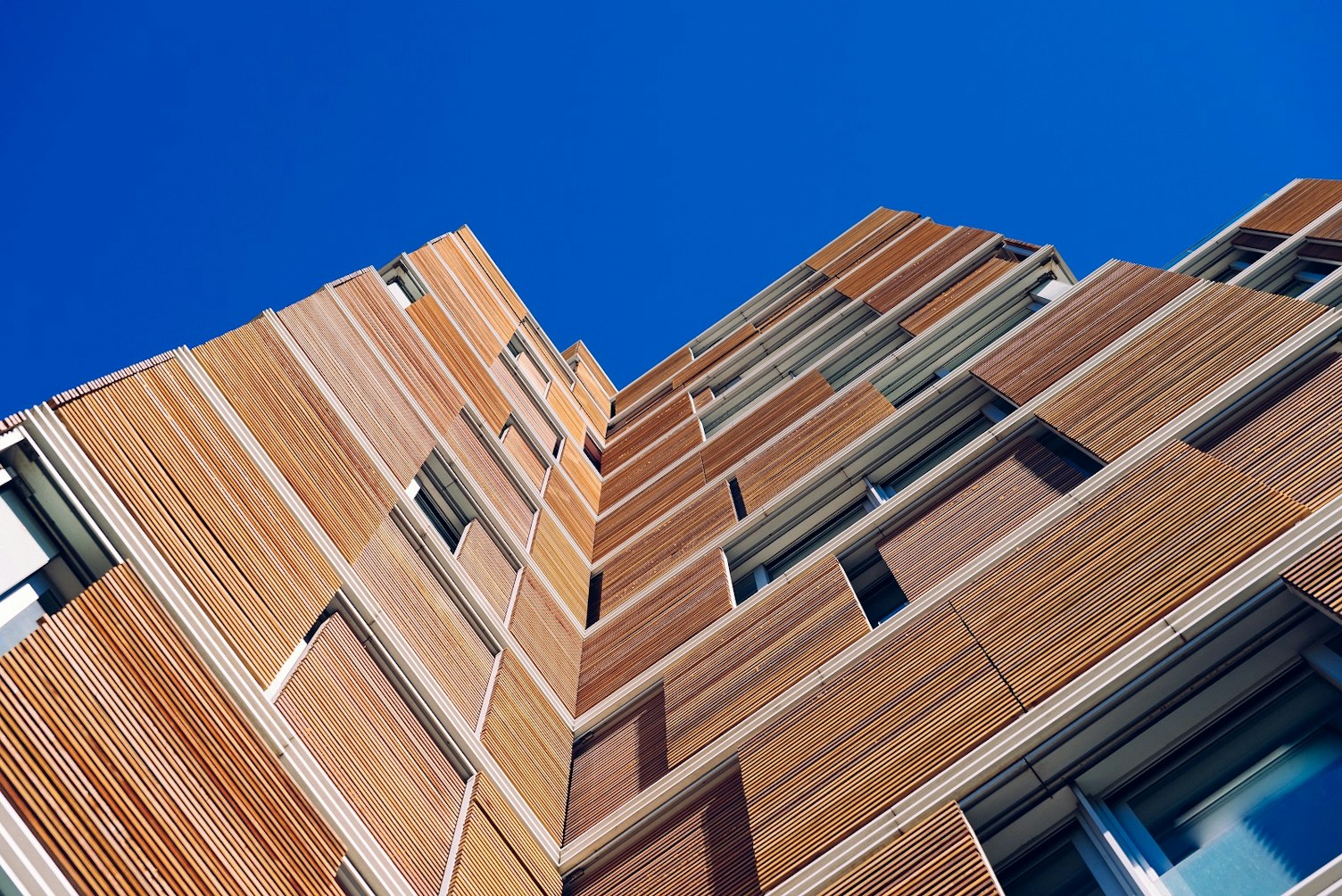 Facade of a Modern Building Clad in Ecological Wood