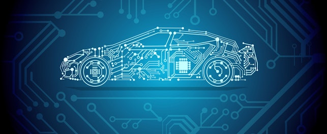 Illustration numérique d'une voiture intégrée dans un circuit électronique, symbolisant la technologie automobile.