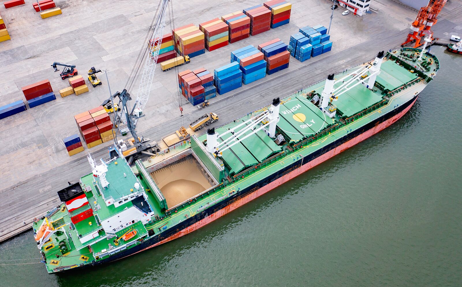 Top View of Large Cargo Ship Loading Grain