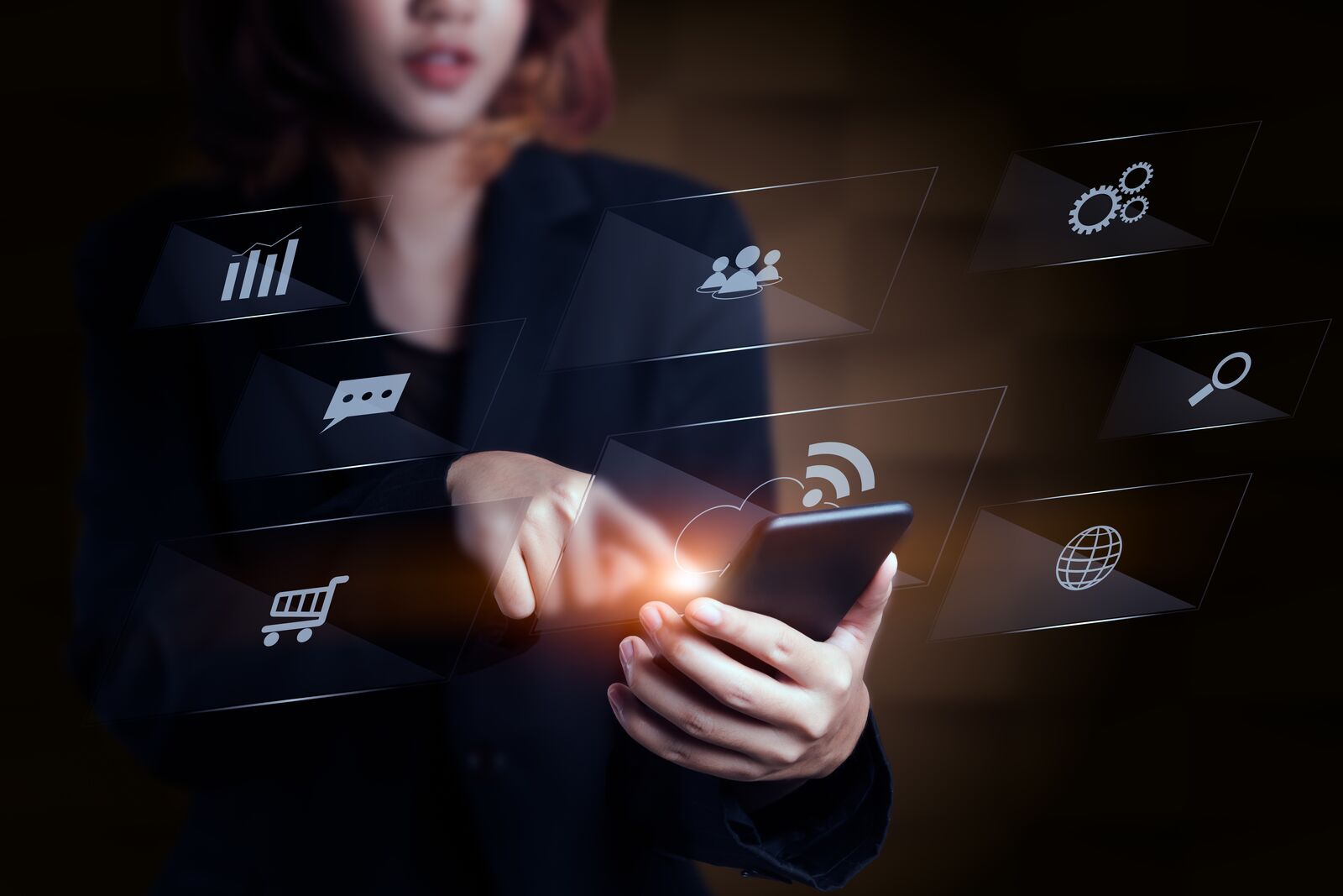 Woman Using Smartphone with Business Diagram Technology