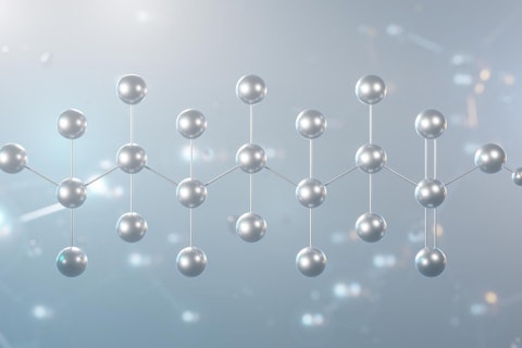 Perfluorohexanesulfonic acid molecular structure, 3d model molecule, pfhxs, structural chemical formula view from a microscope