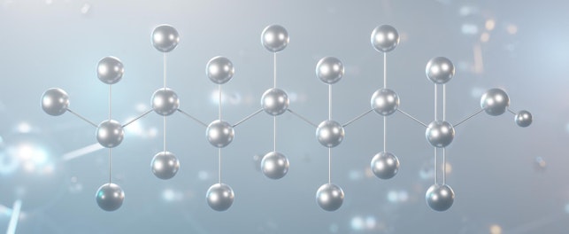 Perfluorohexanesulfonic acid molecular structure, 3d model molecule, pfhxs, structural chemical formula view from a microscope