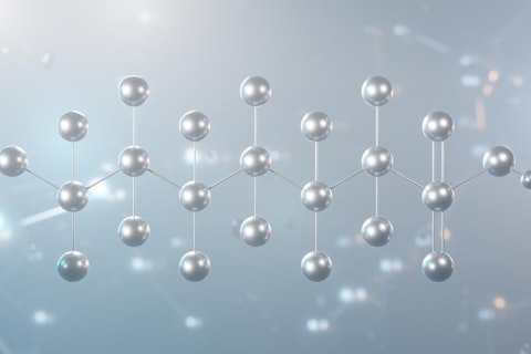 Perfluorohexanesulfonic acid molecular structure, 3d model molecule, pfhxs, structural chemical formula view from a microscope