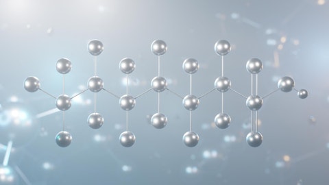 Perfluorohexanesulfonic acid molecular structure, 3d model molecule, pfhxs, structural chemical formula view from a microscope