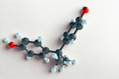 3d rendering of Bisphenol A (BPA) molecules in the white background