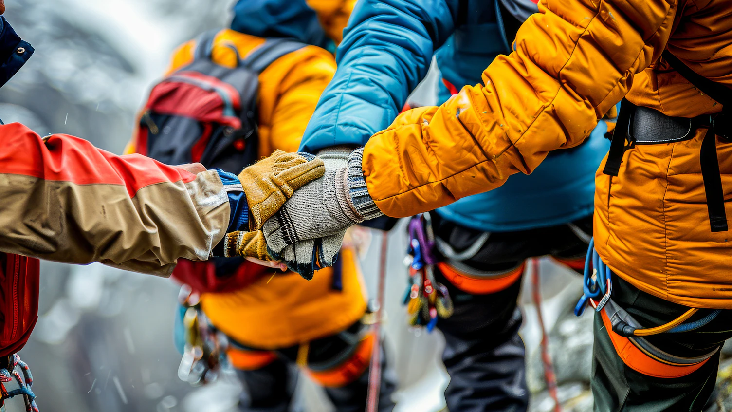 A close-up image of climbers shaking hands