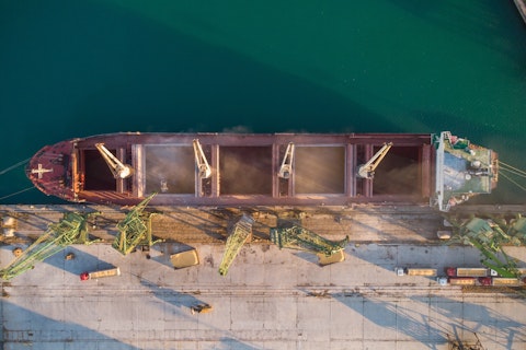 Aerial top view of big cargo ship