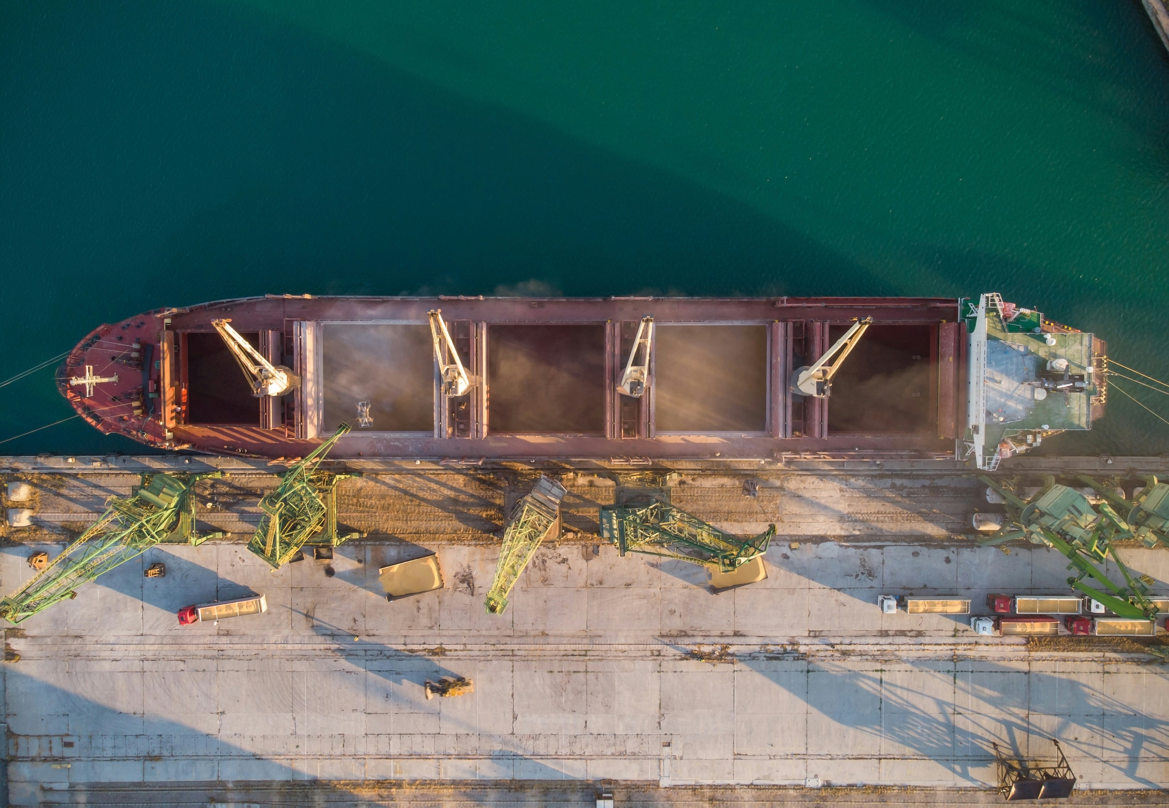 Aerial top view of big cargo ship