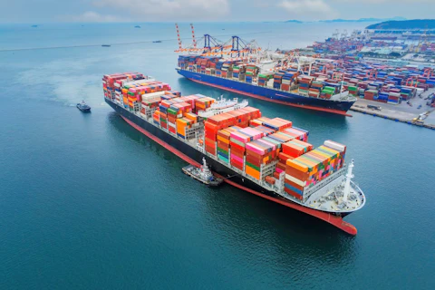 Arial view by drone camera transportation logistics and container dock