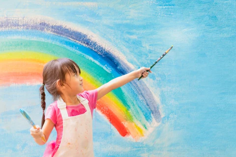 Banner of asian little girl is painting the colorful rainbow