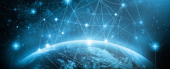 Earth from space with a glowing network of interconnected points and lines, symbolizing global digital connectivity or communication networks
