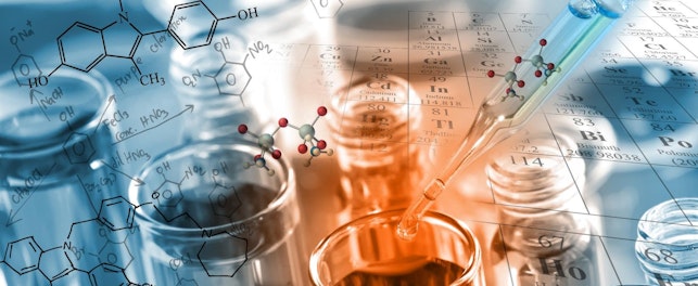 chemist dropping the clear reagent into test tube for reaction testing in chemical laboratory, with chemical equations and periodic table background.