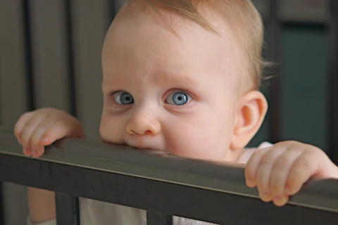 Close up of a curious baby with big blue eyes teething in a crib