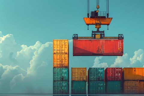 Container yard with a crane lifting a shipping container