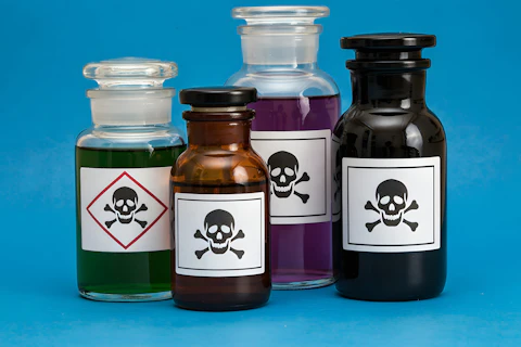 Dangerous substances in labeled containers for safety and industrial use