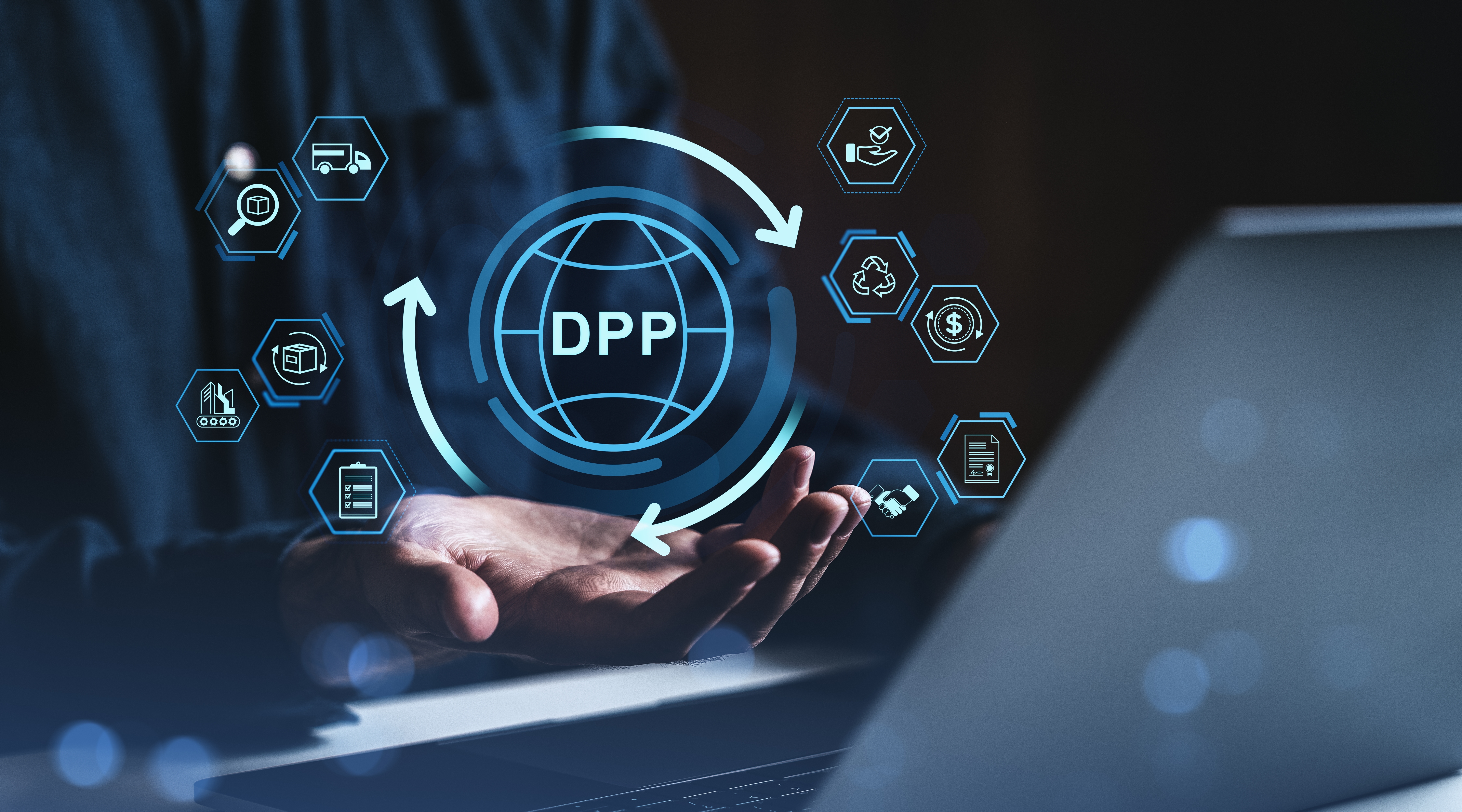 Digital product passport DPP interface above hand with virtual icons and technology elements on dark