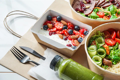 Dishes And Smoothie Prepared For Food Delivery