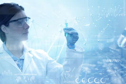 Double exposure microscope and scientist examining liquid sample in a test tube, lab biotechnology concept.