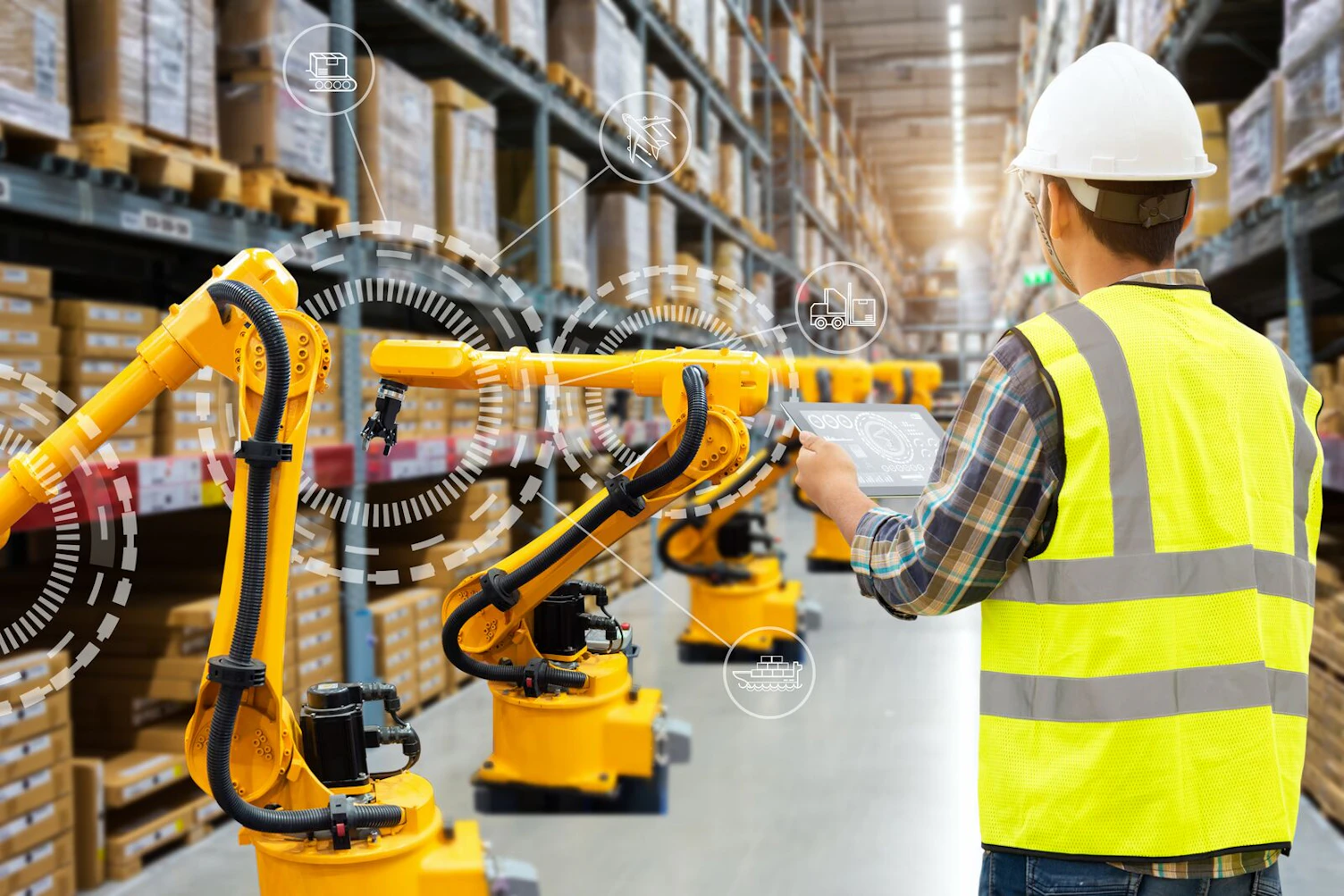 Engineers Controlling Robotic Arm in a Warehouse