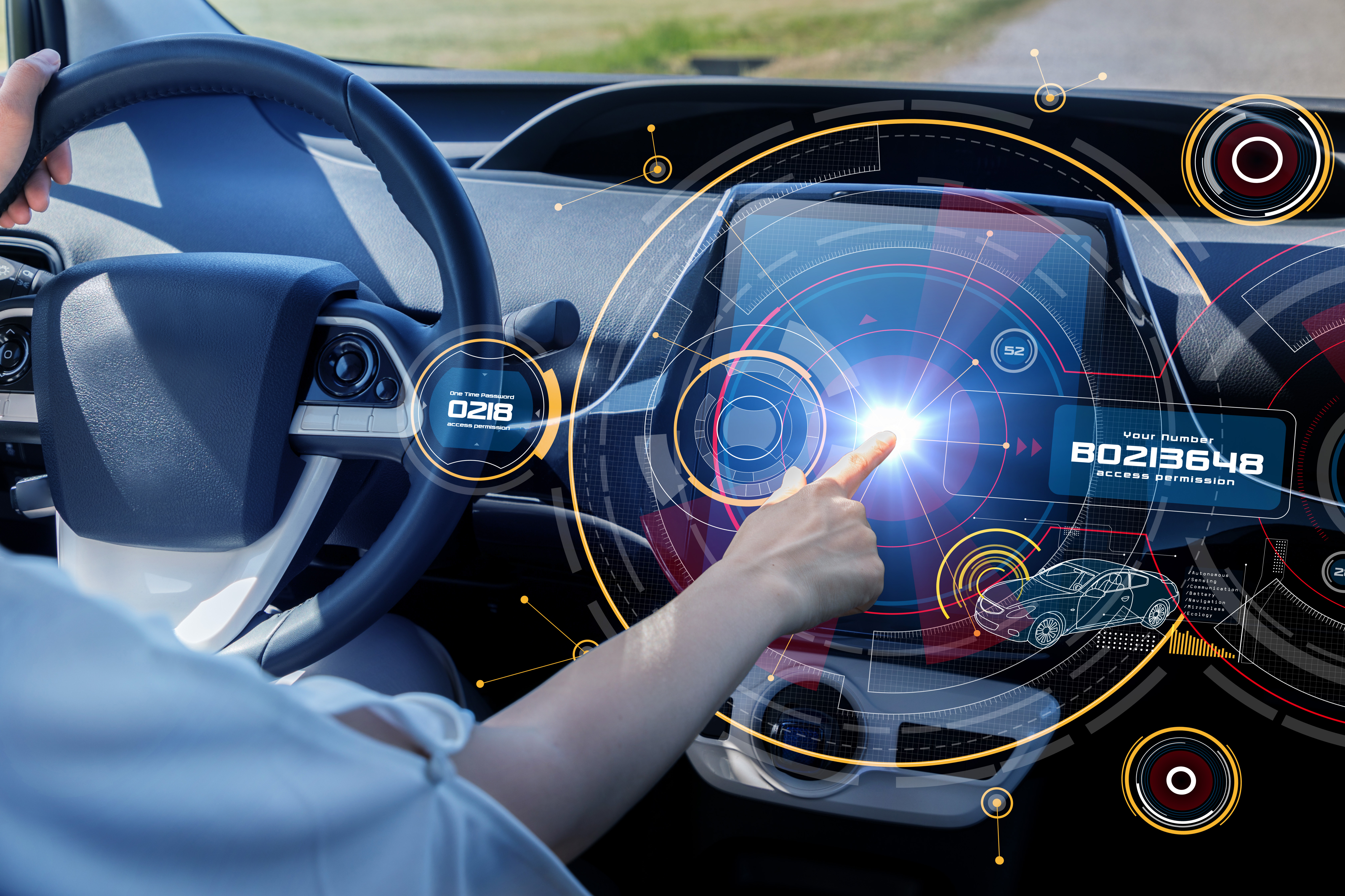 Futuristic car cockpit and touch screen