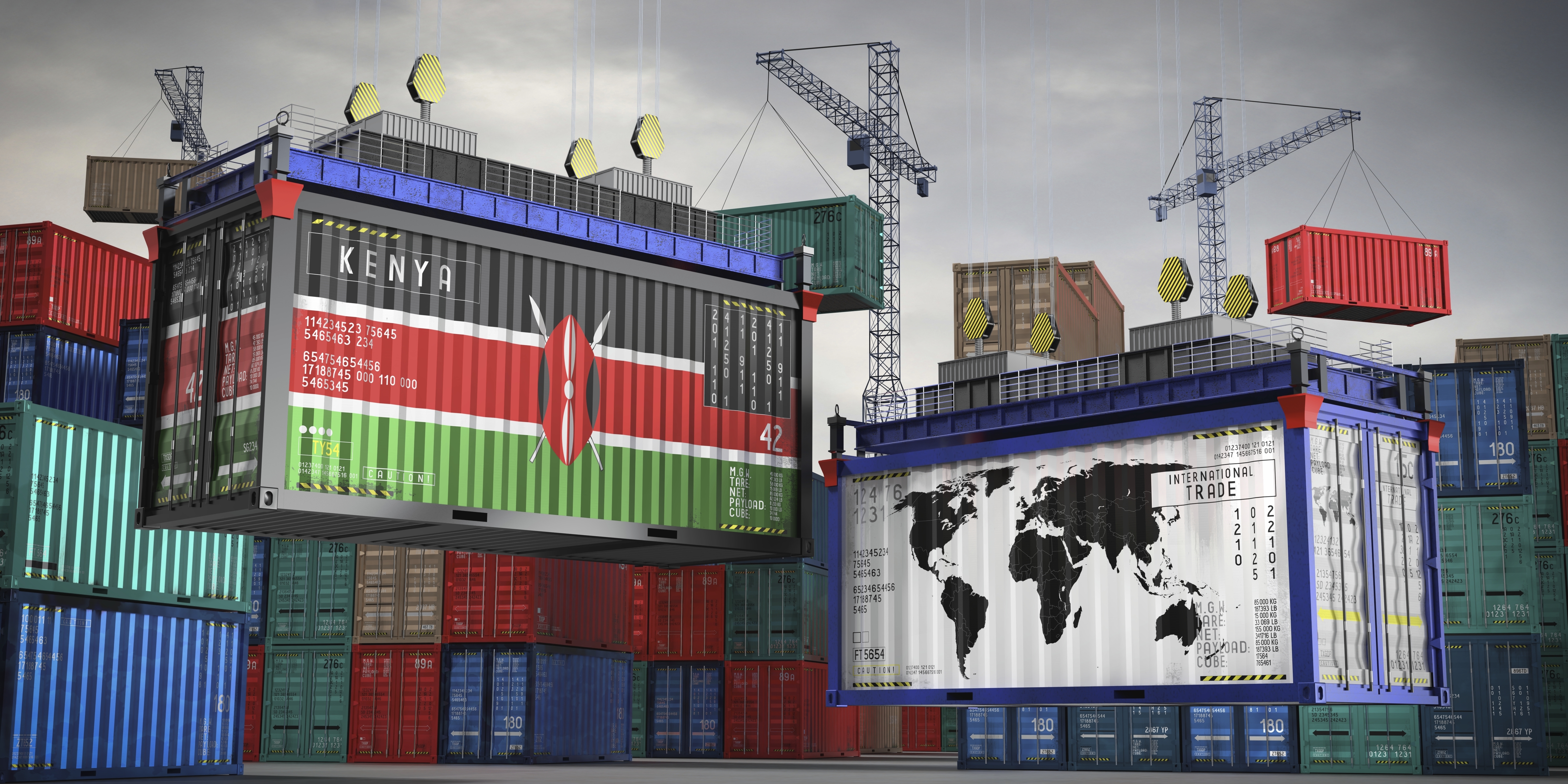 Cargo shipping containers being lifted by cranes at a port, with one container featuring the Kenyan flag and another displaying a world map.