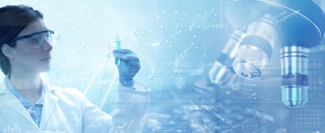 Double exposure microscope and scientist examining liquid sample in a test tube