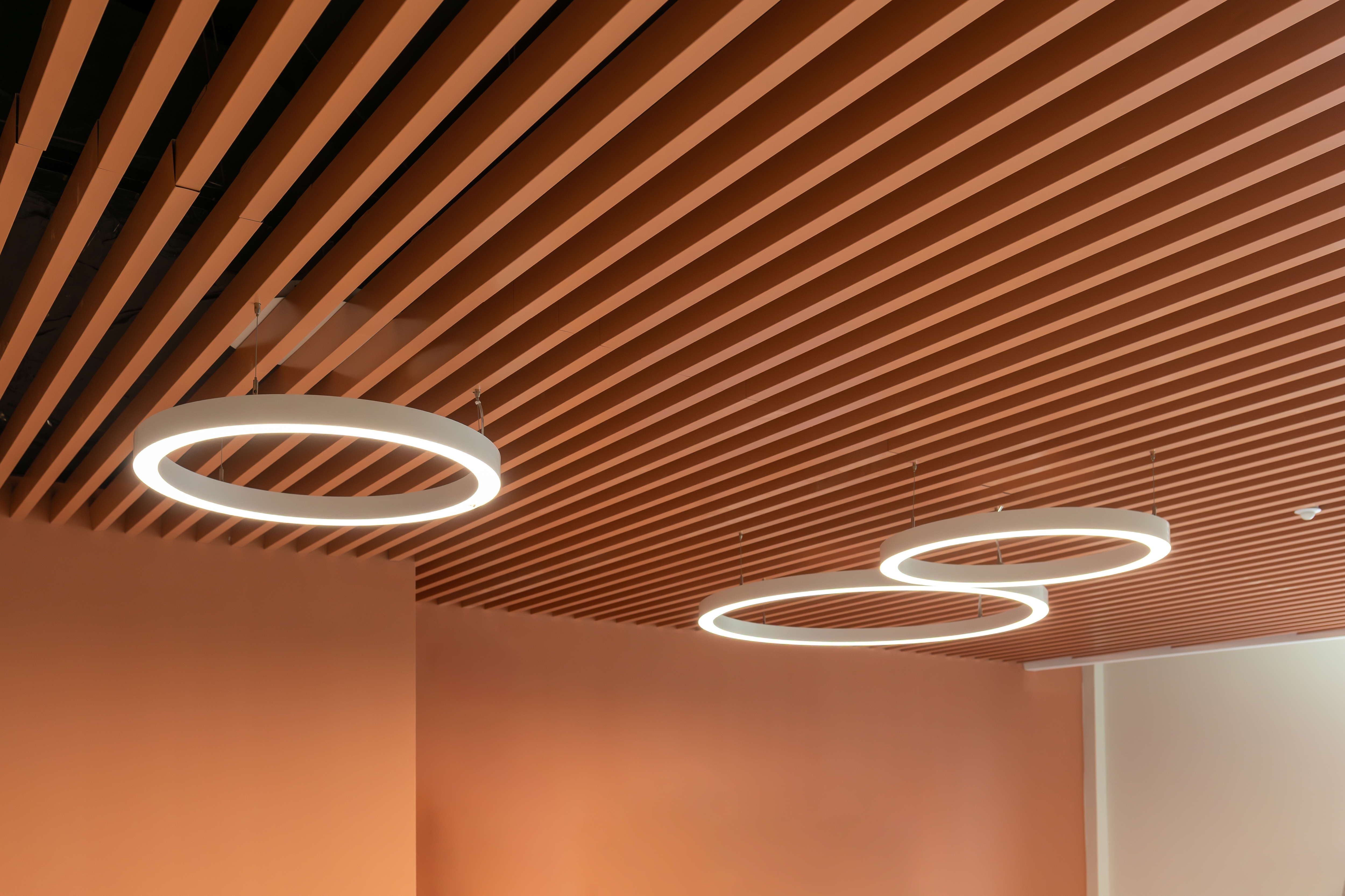 Plafond moderne avec des lamelles en bois et des luminaires LED circulaires