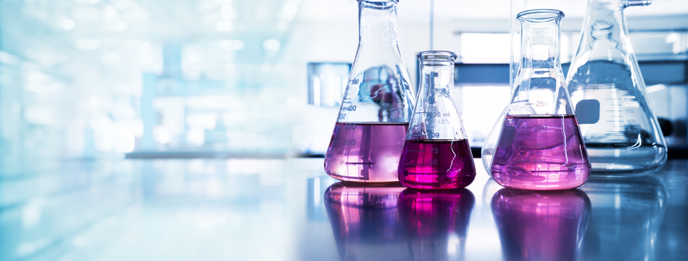 Purple Glass Flask in Blue Research Chemistry Science Banner Laboratory