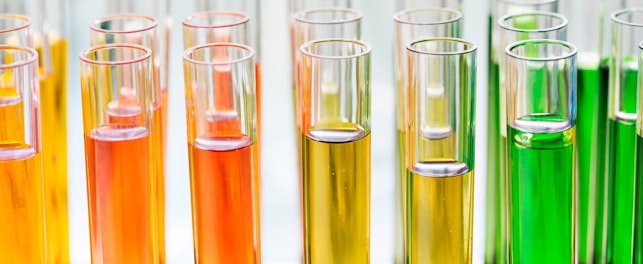 Rack of Test Tubes with Solution in Laboratory