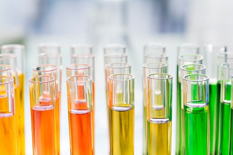Rack of Test Tubes with Solution in Laboratory