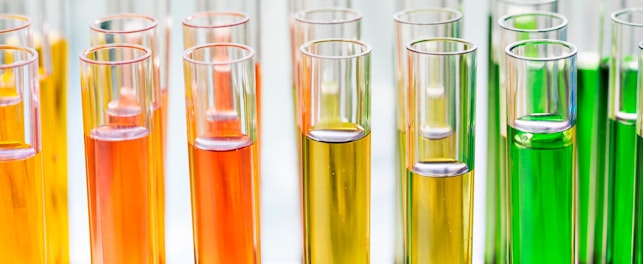 Rack of Test Tubes with Solution in Laboratory