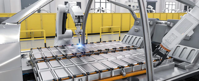 Robot assembly line with electric car battery cells module on platform