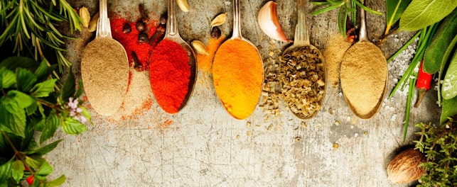 Different spices on spoons