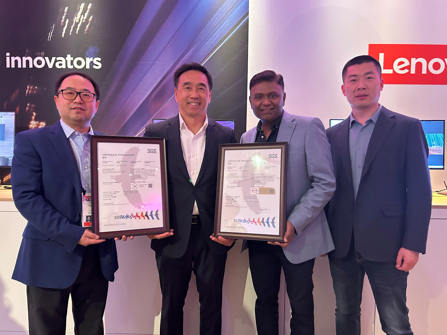 ThinkCentre M90a Pro Gen6 Performance Mark Certificate Award_L-R_ Denny Du, Lenovo; Jay Suh, SGS; Sanjeev Menon, Lenovo and Zhen Li, Audfly