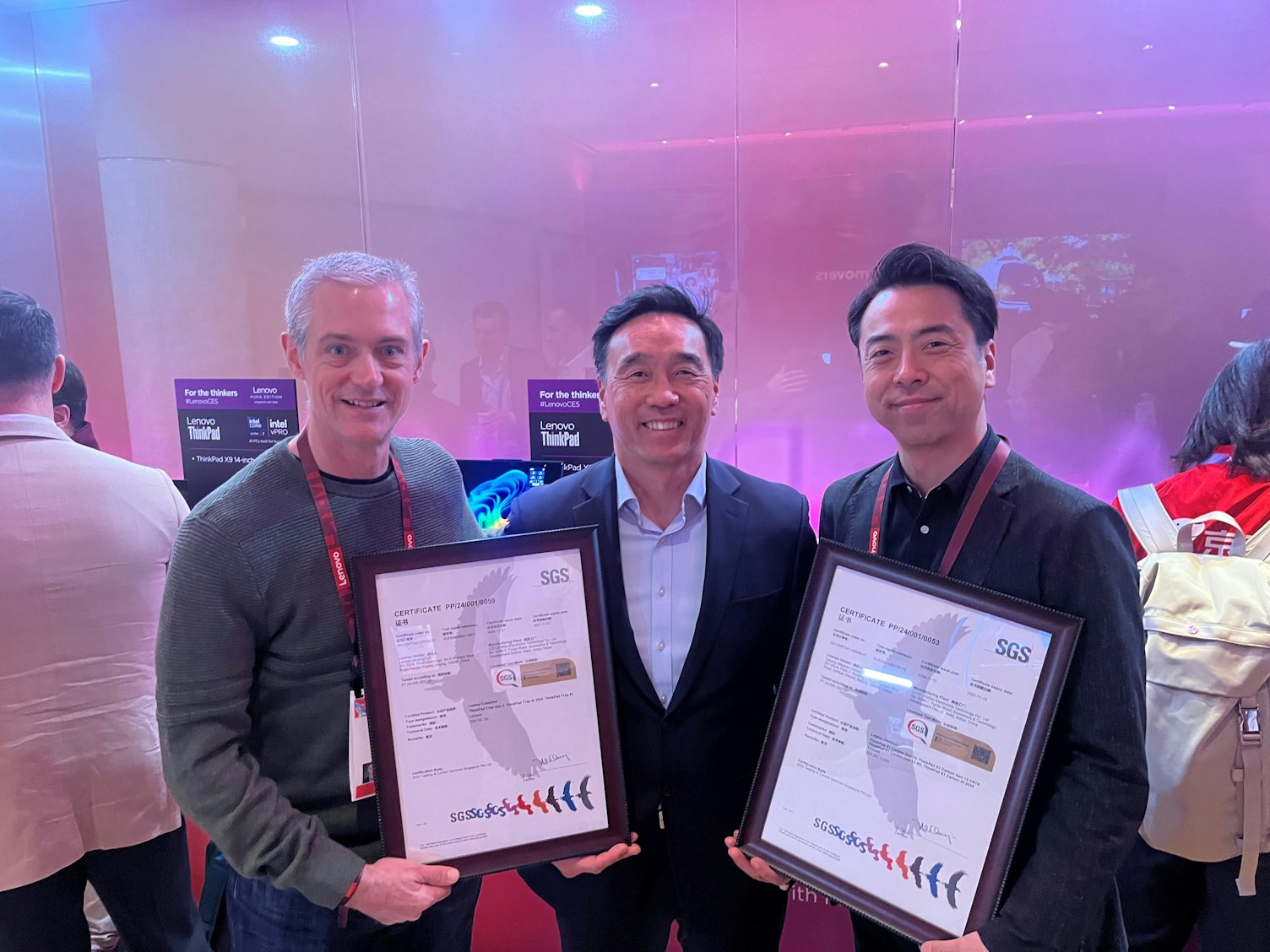 ThinkPad X1 Carbon&ThinkPad T14p High Performance AI PC Certificate Award L-R Thomas Butler, Lenovo; Jay Suh, SGS and Yasumichi Tsukamoto, Lenovo