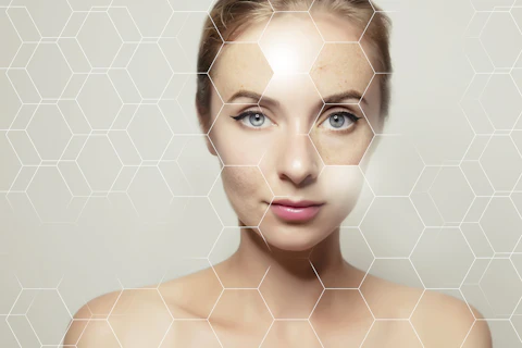 Woman Face Portrait with Clear and Pimpled Skin