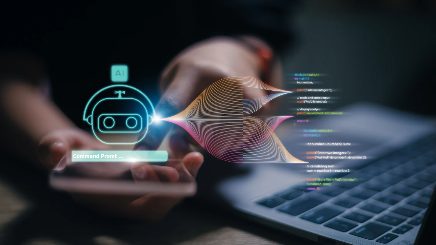Women using technology smart robot AI, enter command prompt, contact for business information analysis, and futuristic technology transformation. A.I. Chat concept AI, Artificial Intelligence.