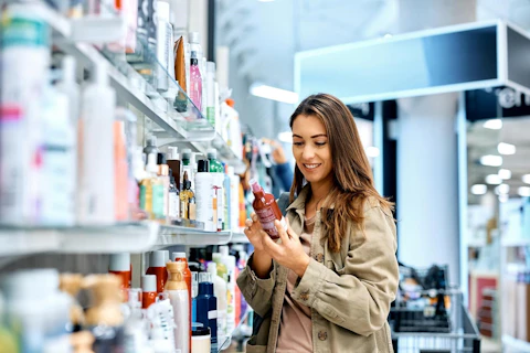 Young happy woman reading ingredients of skin care product while shopping at the store