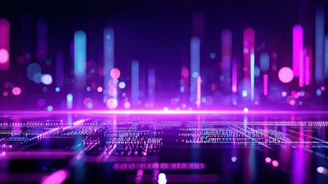 Immersive digital background with glowing neon lights and pixelated code patterns, futuristic cyberpunk atmosphere with purple hues creating modern tech vibes for high resolution design concepts.
