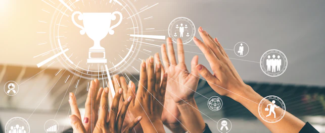 Achievement and Business Goal Success Concept - Creative business people with icon graphic interface showing employee reward giving for business success achievement.