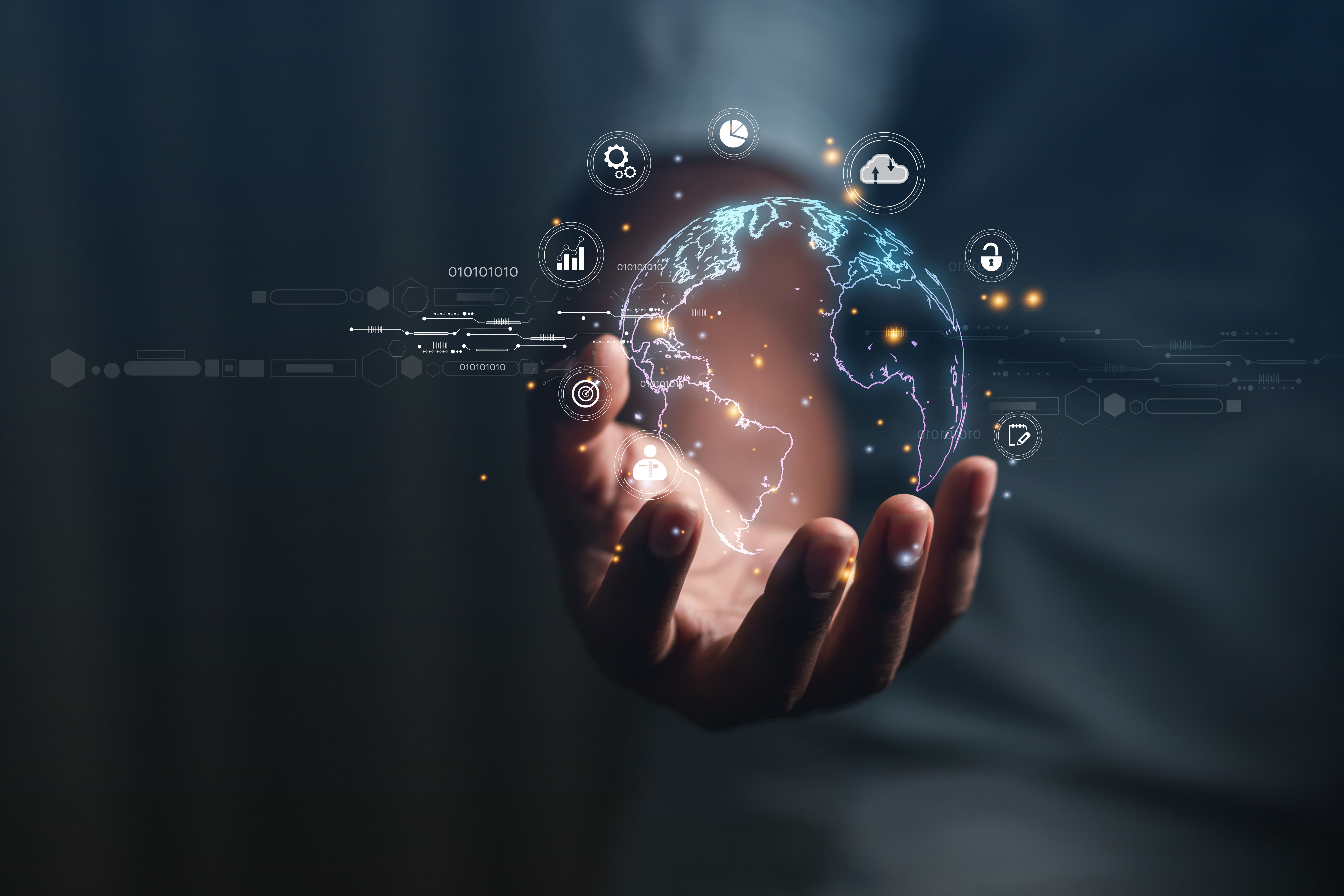 Businessman Presenting Futuristic Business World Metaverse Graphic