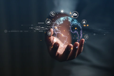 Businessman Presenting Futuristic Business World Metaverse Graphic