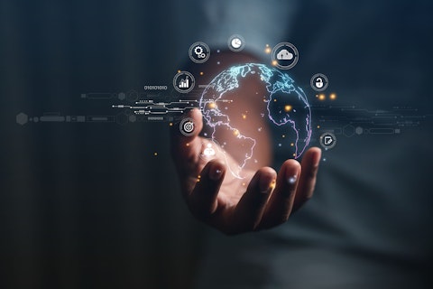 Businessman Presenting Futuristic Business World Metaverse Graphic