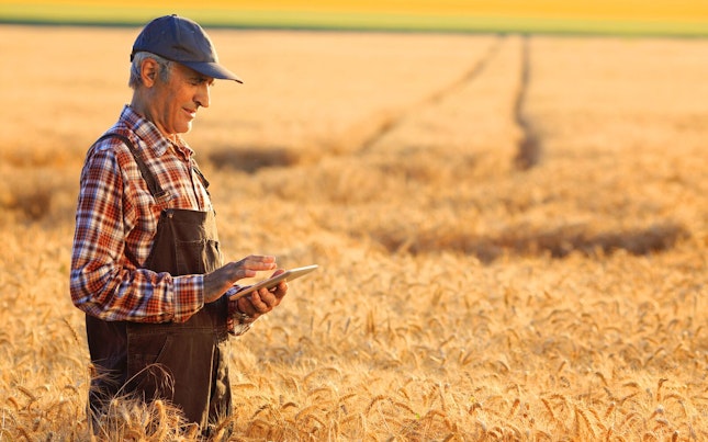 Farmer using Digital Tablet Checking Data