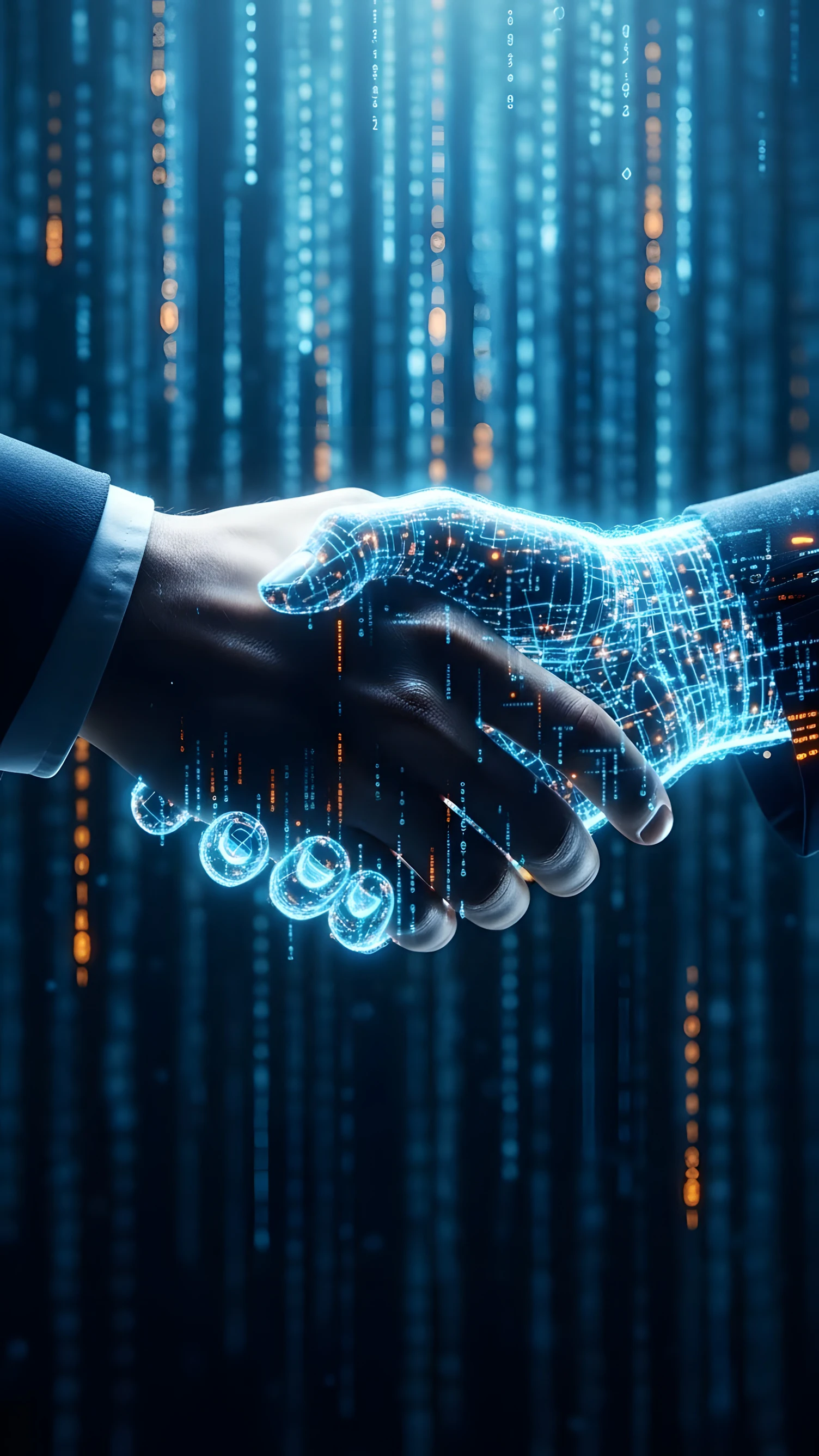 A futuristic depiction of a human hand meeting a digital robotic hand in a handshake